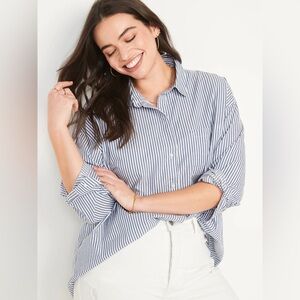 OLD NAVY Oversized Button-Down Boyfriend Shirt White and Navy Blue Pinstripes
